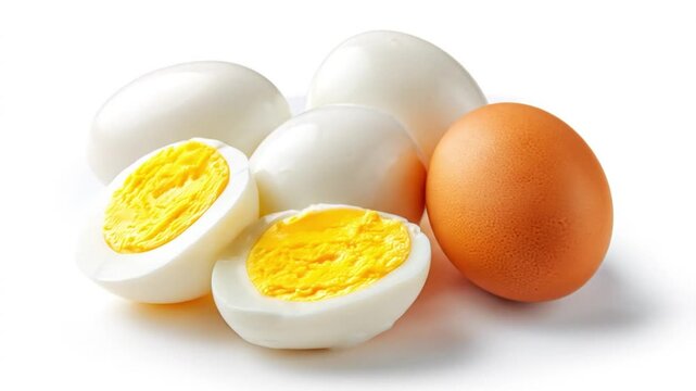 Assorted eggs hard-boiled halves reveal bright yolks; white shells and a brown egg nearby sunlight