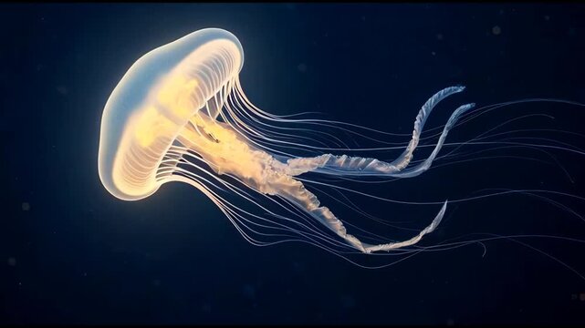 Glowing bioluminescent jellyfish swimming gracefully in deep dark ocean water, an ethereal and vibrant macro video footage motion clip of a beautiful marine animal.