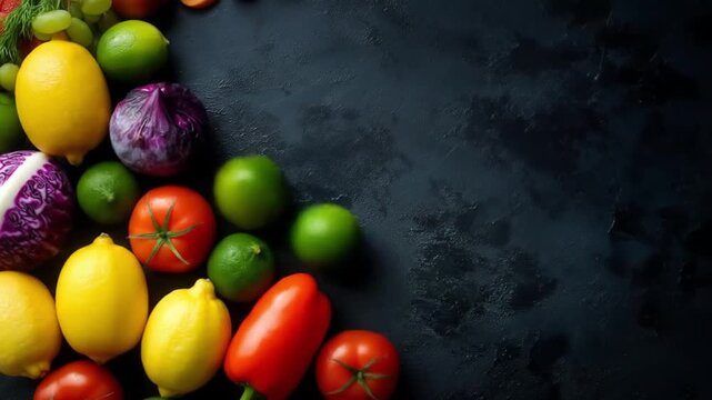 Vibrant assortment of fresh vegetables spread on a dark textured surface peppers, carrots, cabbage