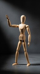 Wooden mannequin's pose against a gray backdrop creates an atmosphere of artistic endeavor