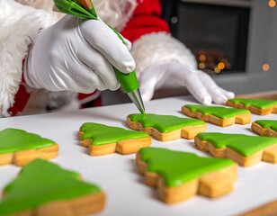 Close-up of hands icing green glaze on Christmas tree-shaped cookies