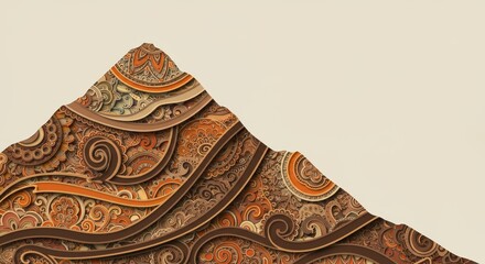 Mountain shape with intricate swirls and patterns. Native American tribal art concept. Cut out paper craft art style.