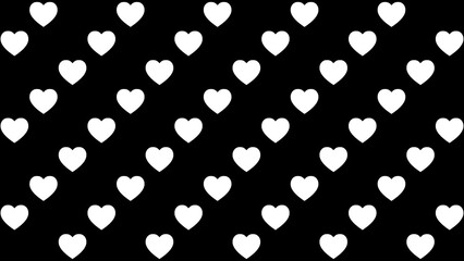 黒背景に白いハートが並ぶ斜めストライプのパターン背景イラスト。モノクロのシンプルな壁紙素材