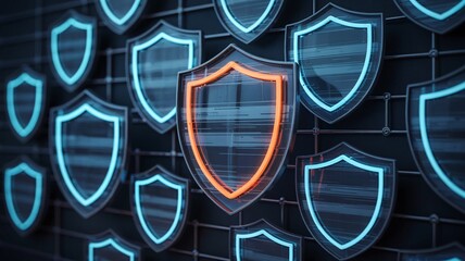 Digital network of glowing blue and orange shields protecting against cyber threats on a dark grid background, representing data
