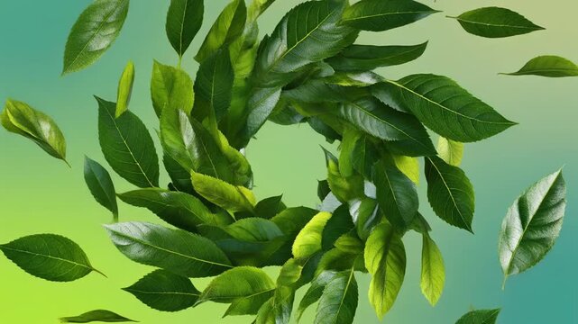 Vibrant green leaves forming a dynamic circular pattern, with additional leaves scattered against a fresh gradient background.