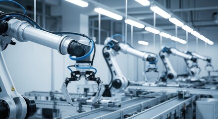 Robotic arms in a factory setting, with a focus on the industrial and automation themes.