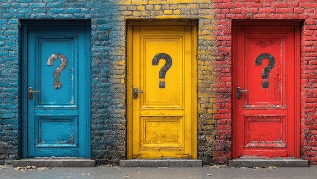 Three colorful doors, each with a question mark, symbolize choices and uncertainty
