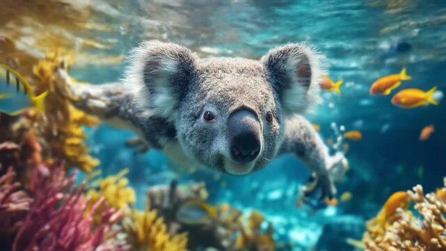Curious koala swims through vibrant reef, surrounded by bright coral and fluttering fish. Brilliant