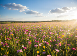 Fototapeta premium Wide Spring Meadow Filled with Colorful Wildflowers Under Blue Sky and Soft Sunlight
