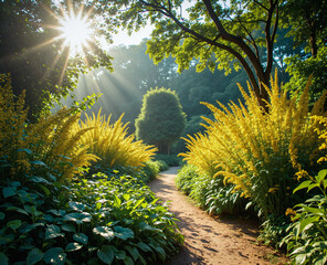 Serene Garden Pathway in Sunlight