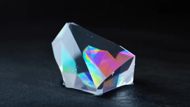A surreal macro timelapse of a geometric ice crystal melting slowly to reveal a metallic rainbow-reflecting core against a dark background, concept of hidden beauty and transformation