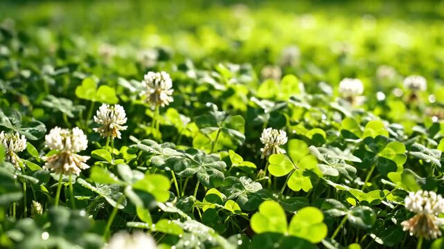 Four Leaf Clover Growing Among White Clover Flowers