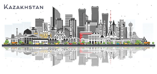 Kazakhstan City Skyline with color Buildings Isolated on White. Illustration. Concept with Modern Architecture. Kazakhstan Cityscape with Landmarks. Nur-Sultan and Almaty.