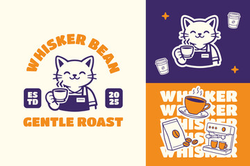 Cat Coffee Retro Mascot Logo for Cafe. Cartoon Character Vector Illustration in Vintage Style