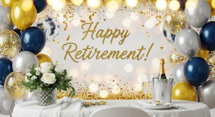 A festive table with balloons, confetti, and a bottle of champagne, celebrating a retirement party.