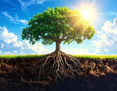 Large, healthy tree with roots visible, bathed in sunlight against a blue sky