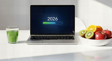 "Morning Routine: Laptop Showing '2026' Progress Bar with Healthy Breakfast &mdash; Work-Life Balance"
