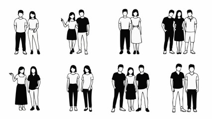 Collection of Diverse Couple Poses and Styles in Outline Art.