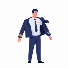Obraz premium Flat vector illustration of a young male airline pilot in uniform standing, partially wearing or removing his navy blue blazer.