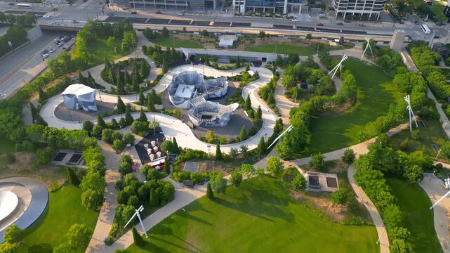 Chicago, Illinois, USA -19 JUN 2023 : Aerial view of Maggie Daley Park Ice Skating Ribbon and Climbing wall in downtown Chicago, USA.