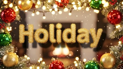 Festive holiday scene with christmas ornaments and fireplace