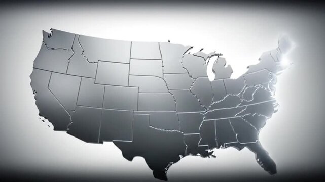 A metallic, 3D map of the contiguous United States, glowing brightly against a dark background