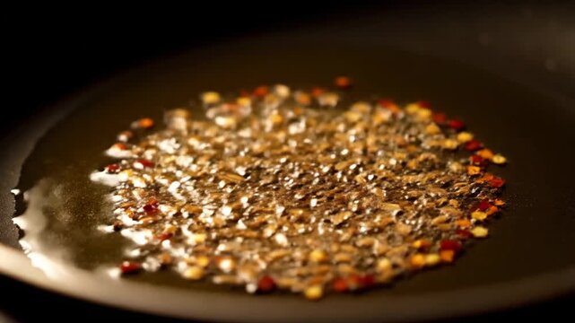 Mustard Seeds and Chili Flakes Sizzling in Hot Oil Cooking Spices