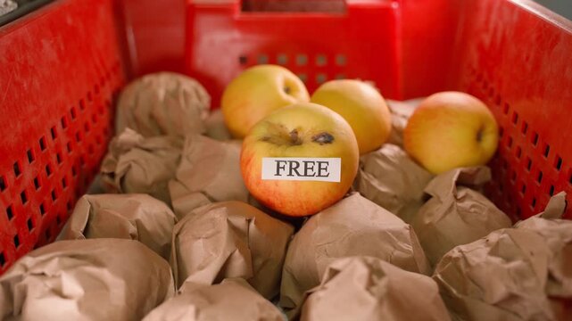 Free apples after winter, close-up. FREE sticker on apples in the warehouse