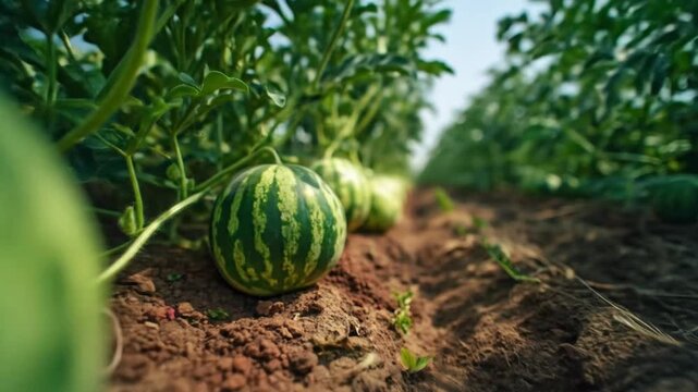 Close-up view of a watermelon patch ripe, striped fruit resting on rich soil amid leaves and vines!