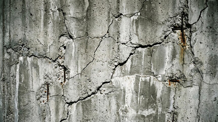 Old cracked gray concrete wall texture background with exposed rusty reinforcement bars