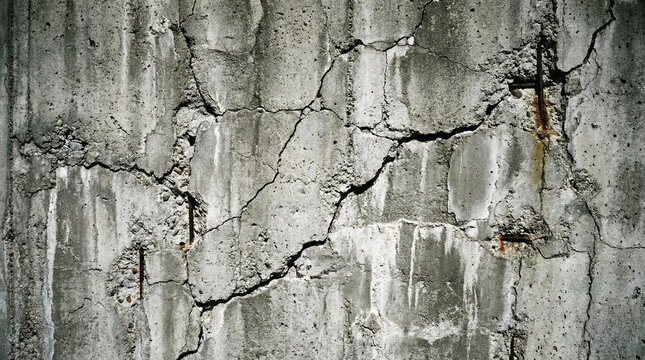 Old cracked gray concrete wall texture background with exposed rusty reinforcement bars - Powered by Adobe