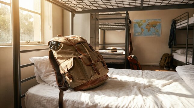 Backpack resting on a bed in a hostel room, symbolizing travel, adventure, and budget accommodation for youth and backpacking lifestyle.