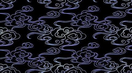 黒地浮世絵風和風伝統紋イメージ雲模様水波模様テクスチャ	背景素材
