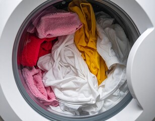 Laundry machine drum filled with colorful clothes, half-opened door