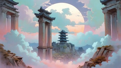 ゲーム背景　満月と雲の上の中国古代遺跡風のお城が雲とある高台風景