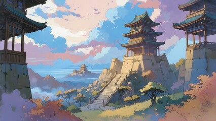 ゲーム背景　夜明けの中国古代遺跡風のお城が雲とある高台風景