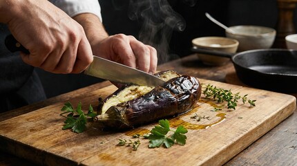 Man chef cutting fresh roasted whole eggplant with steam on wooden cutting board, an element of culinary preparation for gourmet food or healthy meal.