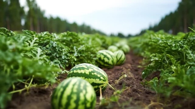 Low-angle field, with neat rows of watermelon vines and striped melons beneath a distant tree line.