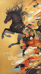 躍る馬が新年を祝う干支イラスト素材｜年賀状、和風ポスター、お正月デザインにも活用できる縁起の良い馬のイラスト｜筆描き風デザイン素材