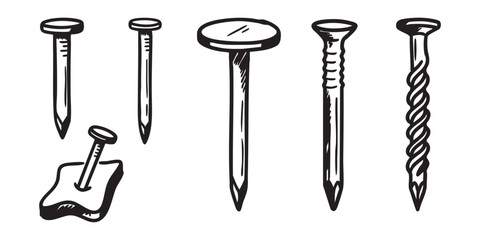Hand drawn Nails and Screws Line Art Set