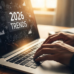 "Hands Typing on Laptop Keyboard with '2026 Trends' on Screen &mdash; Research and Market Analysis"
