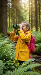 Young explorer discovering natural wonders of the forest with binoculars happily