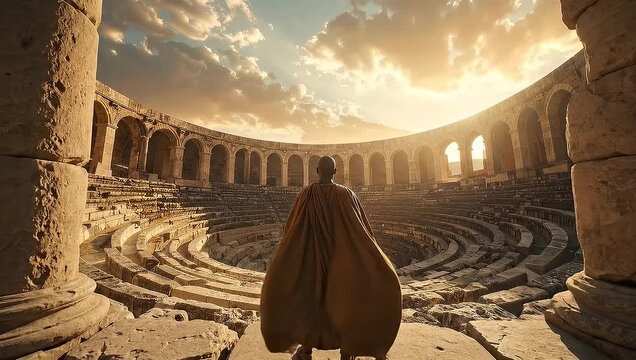 A Person Standing in a Ancient Coliseum Under a Dramatic Sunset Sky Landscape