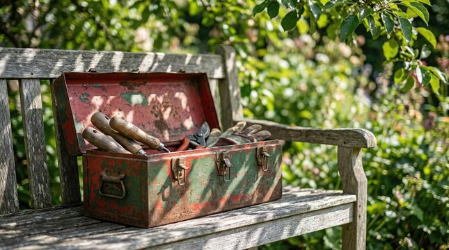 Old rusty toolbox with gardening tool and glove on wooden bench in garden. Rural leisure and hobby concept for spring and summer.