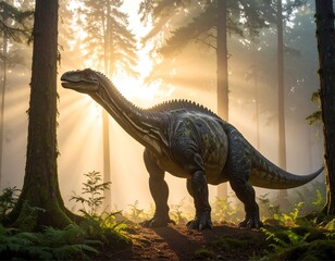 Obraz premium Large herbivorous dinosaur in a misty forest scene
