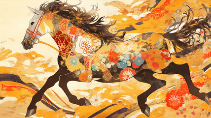 力強く走る干支の馬が未来を切り開く年賀状向けイラスト素材｜華やかでおしゃれな和風年始デザインにぴったり｜ストックフォト向け馬のイラスト画像