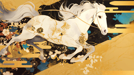 新年を駆け抜ける勇壮な馬の干支イラスト素材｜躍動感あふれる和風デザイン年賀状テンプレートに最適｜干支年賀状、和柄、馬のイラスト素材におすすめ