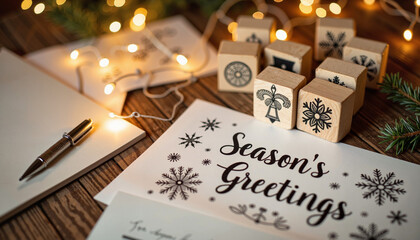 Festive holiday stamp with snowflakes and bells on wooden desk, celebration