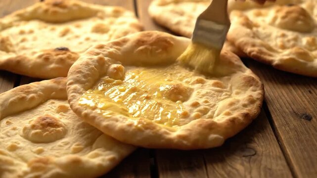 Brushing Ghee on Freshly Baked Indian Naan Bread Close Up