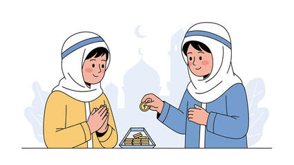 Two Muslim children practicing charity, with one child donating coins into a jar while the other observes, set against a mosque backdrop.